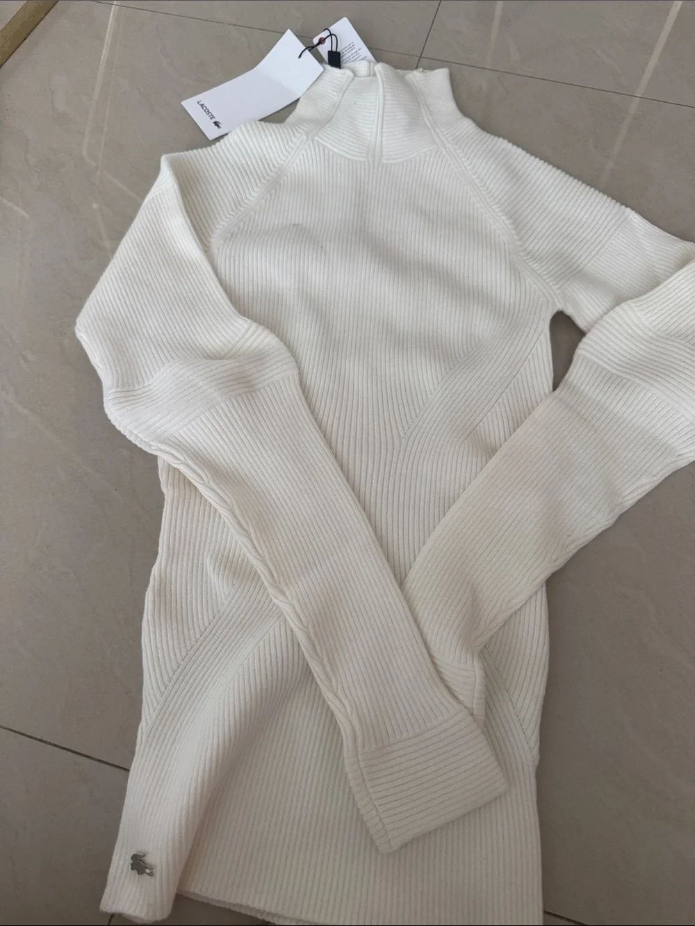 ****Lacoste Cream Ribbed Mock Neck Sweater Top - Picture 1 of 7